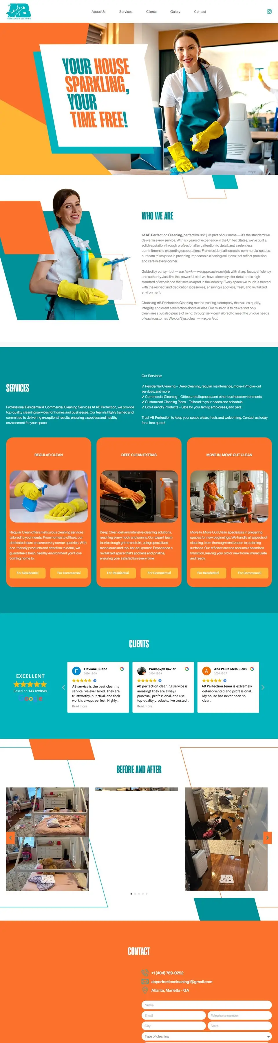 Página inicial do site da AB Perfection Cleaning