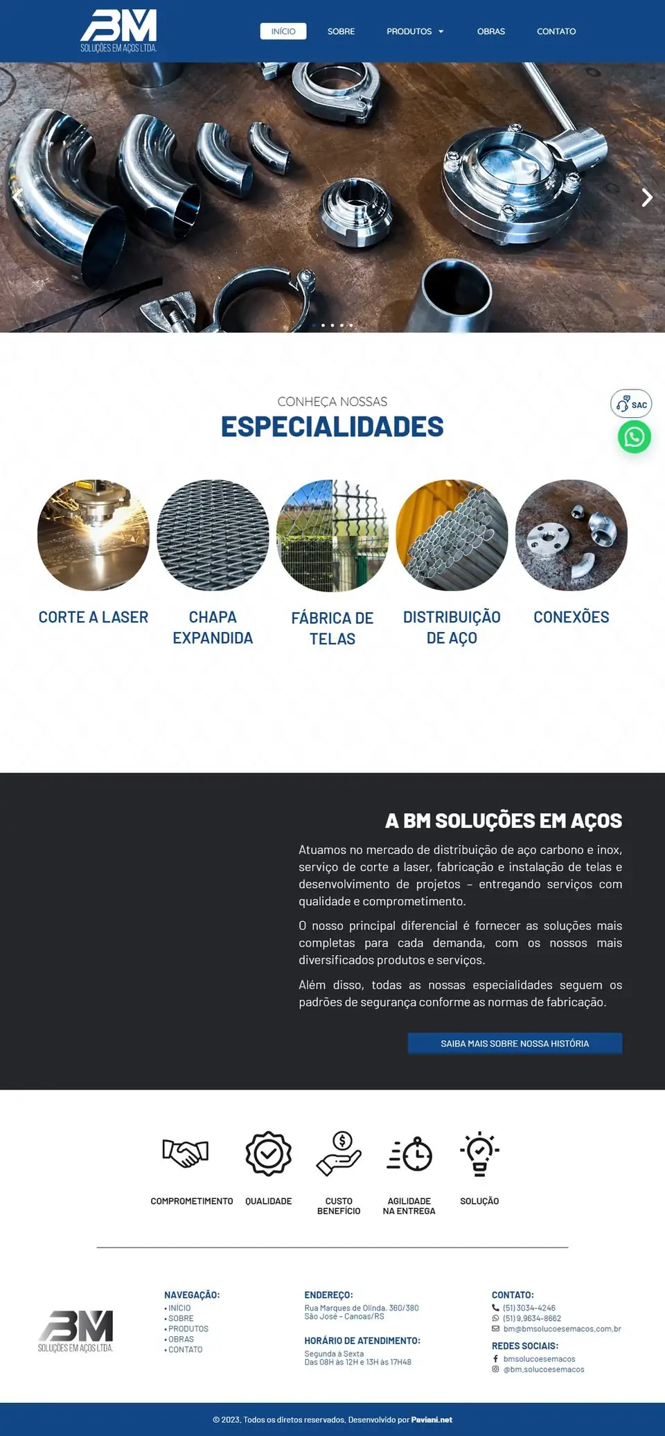 Página inicial do site da BM Soluções em Aços