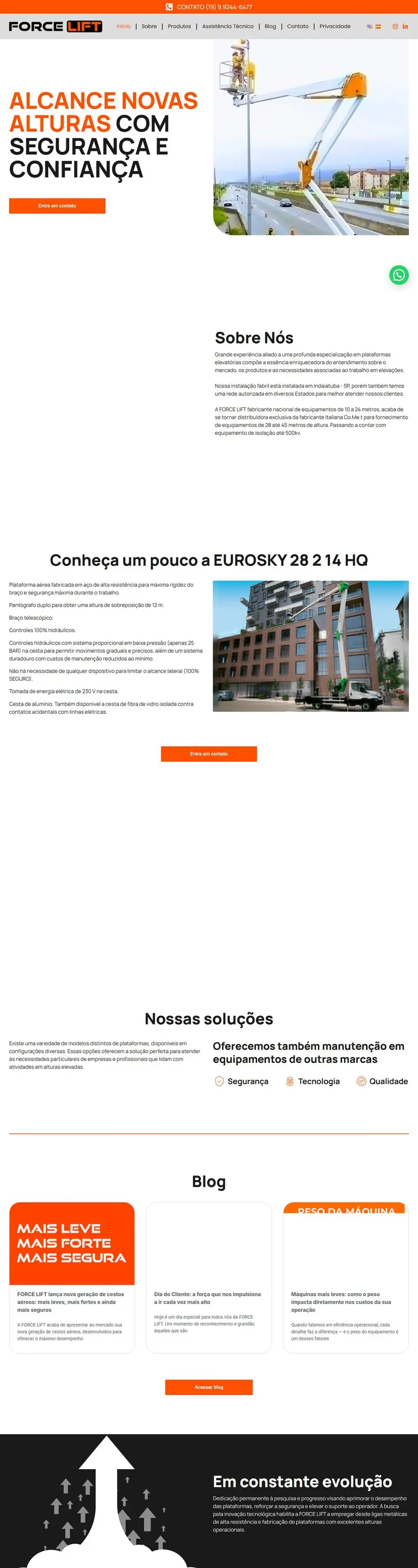 Página inicial do site da Force Lift Plataformas