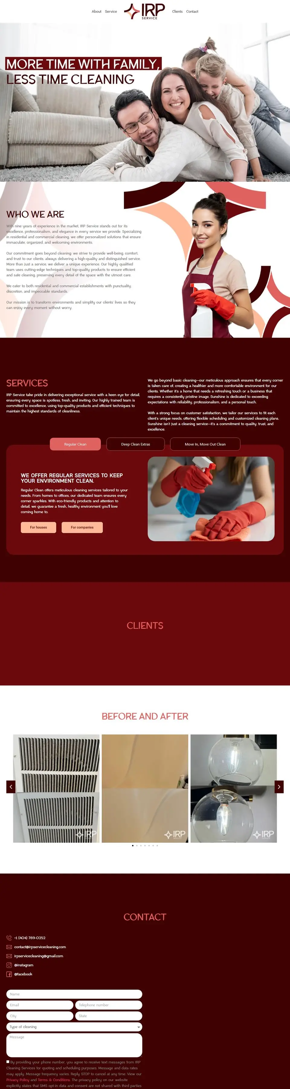 Página inicial do site da IRP Services Cleaning
