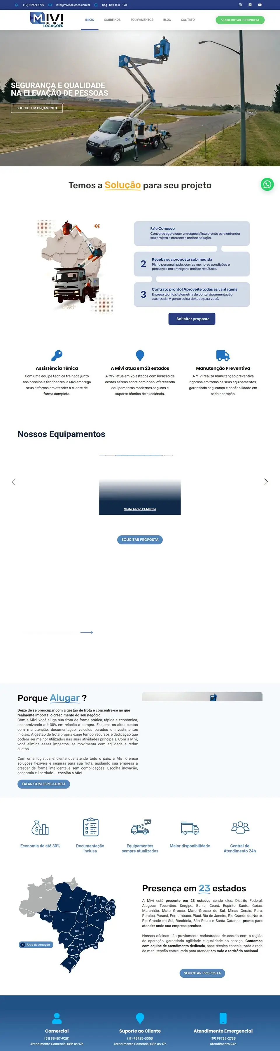 Página inicial do site da Mivi Locação de Plataformas