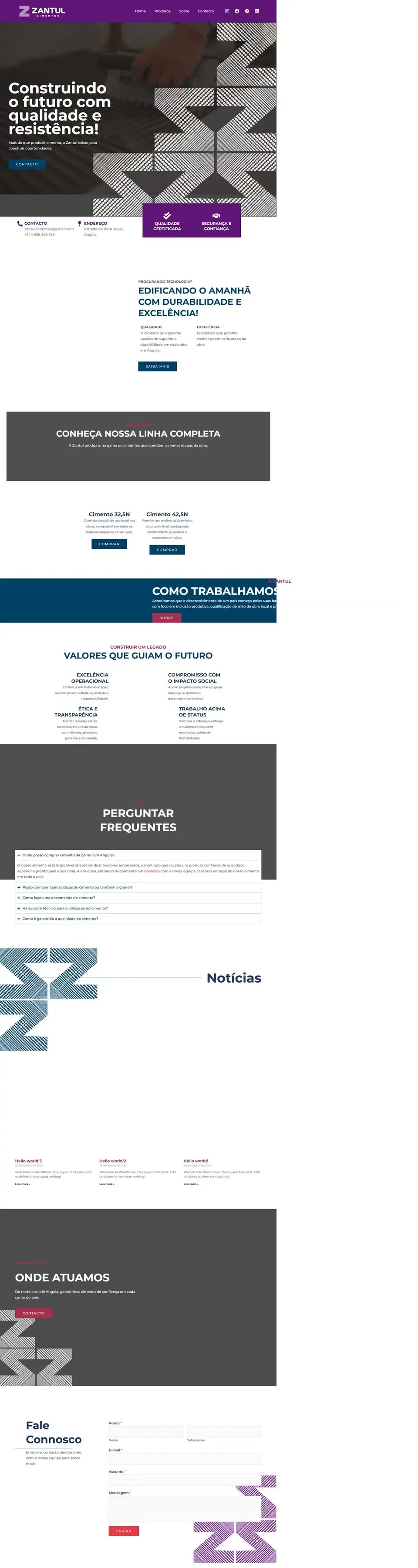 Página inicial do site da Zantul Cimentos & Materiais